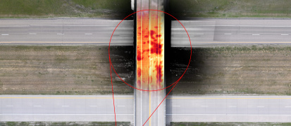 Aerial IR, plane over bridge with process data overlaid